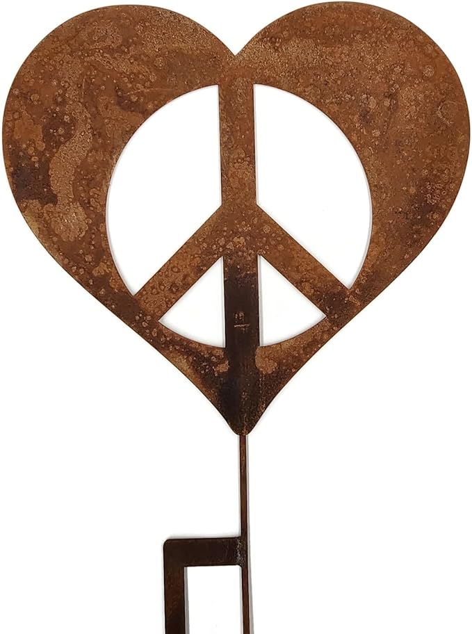 Peace and Heart Staked Signs or Wall Art Rustic or Powder Coated Finishes (Peace Heart Large Stake 28", Naturally Rusted)