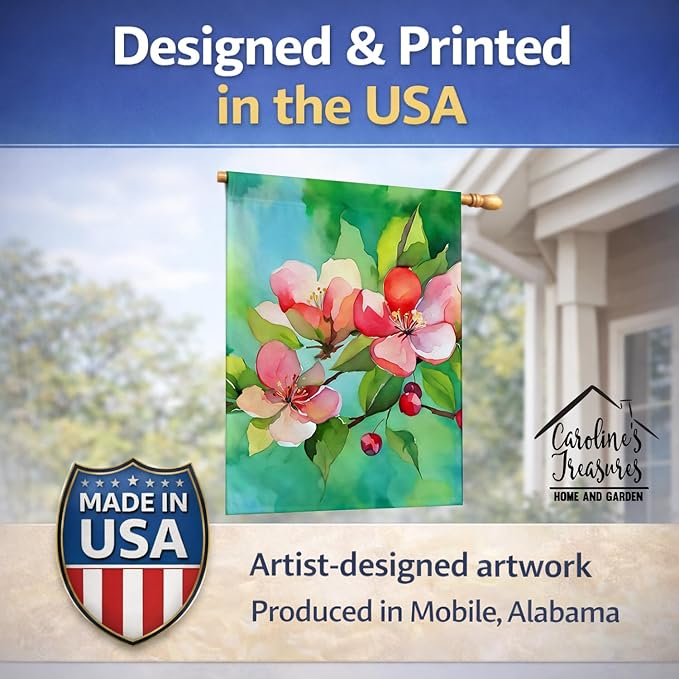 Caroline's Treasures Arkansas Apple Blossom in Watercolor House Flag Large Porch Sleeve Pole Decorative Outside Yard Banner Artwork Wall Hanging, Polyester, House Size, Multicolor