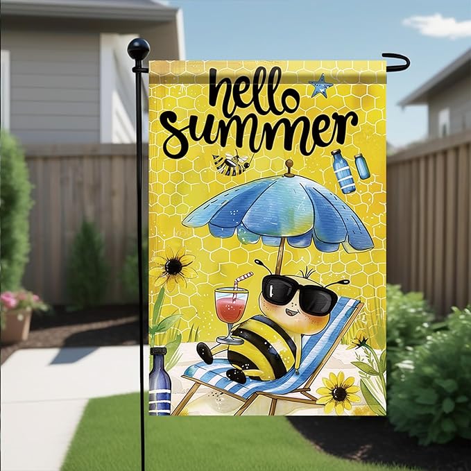 Summer Garden Flag 12x18 Inch Hello Summer Bee Honeycomb Beach Chair Sunglasses Cute Cartoon Design Outdoor Yard Porch Lawn Patio for Seasonal Farmhouse Home Decor