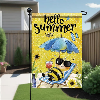 Summer Garden Flag 12x18 Inch Hello Summer Bee Honeycomb Beach Chair Sunglasses Cute Cartoon Design Outdoor Yard Porch Lawn Patio for Seasonal Farmhouse Home Decor