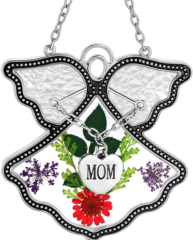 KY&BOSAM Angel Suncatcher Mom Stained Glass Suncatcehesr for Windows Hangings Wind Chime with Pressed Drived Real Flower and Metal Charm Gifts for Mom Mothers Day Valentine's Birthday Christmas Decor