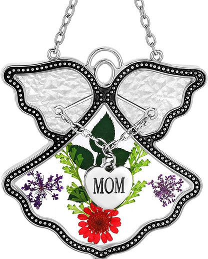 KY&BOSAM Angel Suncatcher Mom Stained Glass Suncatcehesr for Windows Hangings Wind Chime with Pressed Drived Real Flower and Metal Charm Gifts for Mom Mothers Day Valentine's Birthday Christmas Decor