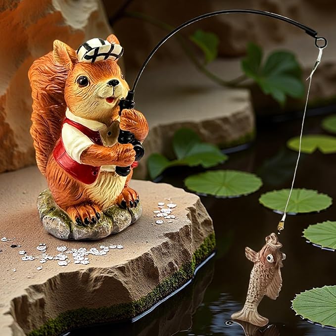 Squirrel Outdoor Statue Koi Pond Garden Decoration, Squirrel Decor for Yard 7.1'' Fishing Sculpture Outdoor Patio, Lawn Accessory, Fishing Animals for Waterfall or Koi Pond Additional, Gifts for Mom