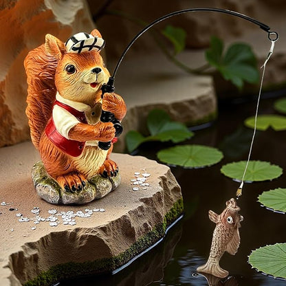 Squirrel Outdoor Statue Koi Pond Garden Decoration, Squirrel Decor for Yard 7.1'' Fishing Sculpture Outdoor Patio, Lawn Accessory, Fishing Animals for Waterfall or Koi Pond Additional, Gifts for Mom