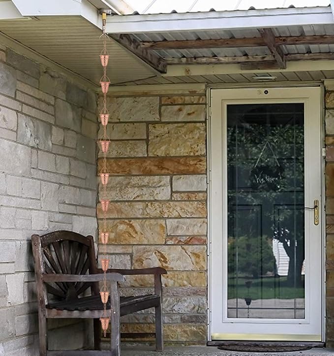 Copper Rain Chain w/Gutter Adapter – Decorative Chimes & Cups Replace Gutter Downspout & Divert Water Away from Home for Stunning Fountain Display – 6.5’ Long