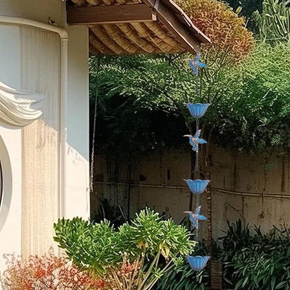 Rain Chains for Gutters, 7.87Ft Hummingbird and Cup Rain Chains for Gutters, Adjustable Rain Chimes for Outside Replacement Downspout for Gutters Eaves Drainage, Blue