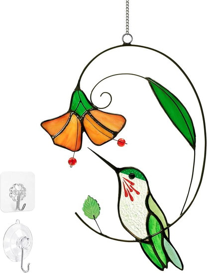 Handmade Tiffany Copper Foil Stained Glass Hummingbird Suncatcher – Colorful Window Hanging Ornament with Flowers, Gift for Grandma, Women, Bird Lovers, Home Decor