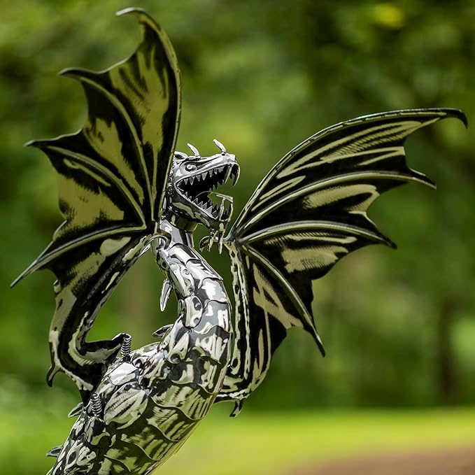Zaer Ltd. Metal Dragon Rocking Garden Stake, Kinetic Wind Decor, Metallic Black Finish, Moving Wings (Tail to The Side Dayfyre)