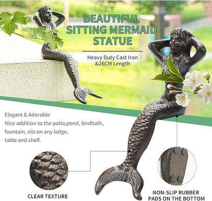 Sungmor Heavy Duty Cast Iron Mermaid Statue - 26CM Tall Sitting Mermaid Figure Ornament - Great Home & Garden Sculpture for Decorate Swimming Pool/Pond/Planter Stands/Book Shelf/Corner Table
