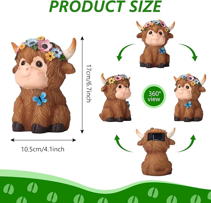 Solar Garden Decor Highland Cow with Flowers Statues Outdoor, Outdoor Figurine Statue Lights, Outdoor Garden Yard Lawn Patio Decoration, Unique House warming Birthday Present for Women Family