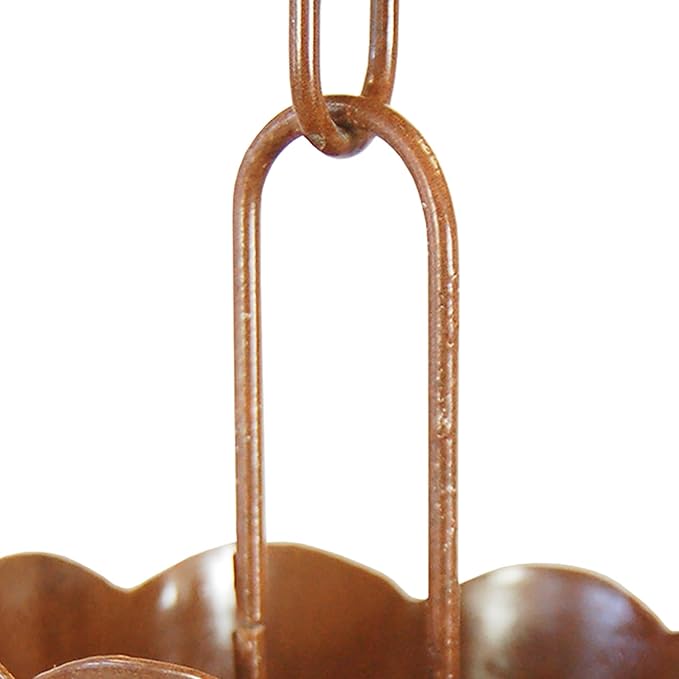 BestNest Ancient Graffiti Scalloped Rain Chain, Browned Copper Finish, Decorative Steel Rainwater Guide for Downspouts, Fluted Cup Chain with Adjustable Length for Gutters & Garden Waterflow