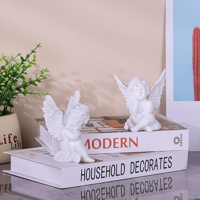 orenm 2 Pack Resin Cherubs White Angel Statue Figurine, Garden Sleeping Cherub Statue Sculpture Indoor Outdoor Home Decoration, Cute Adorable Angle Sculpture Memorial Statue(4" Height) (White)