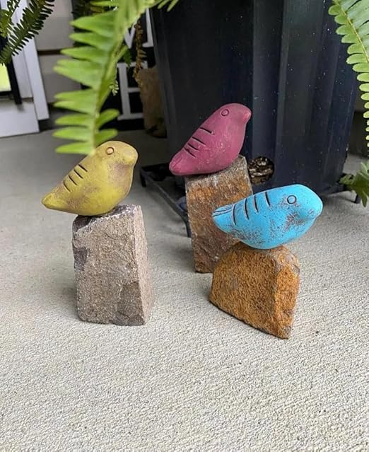 Set of 3 Mini Bird on Rock Garden Statues – Assorted Sizes and Colors, Perfect Gift for Garden Lovers, Gift for Labor Day