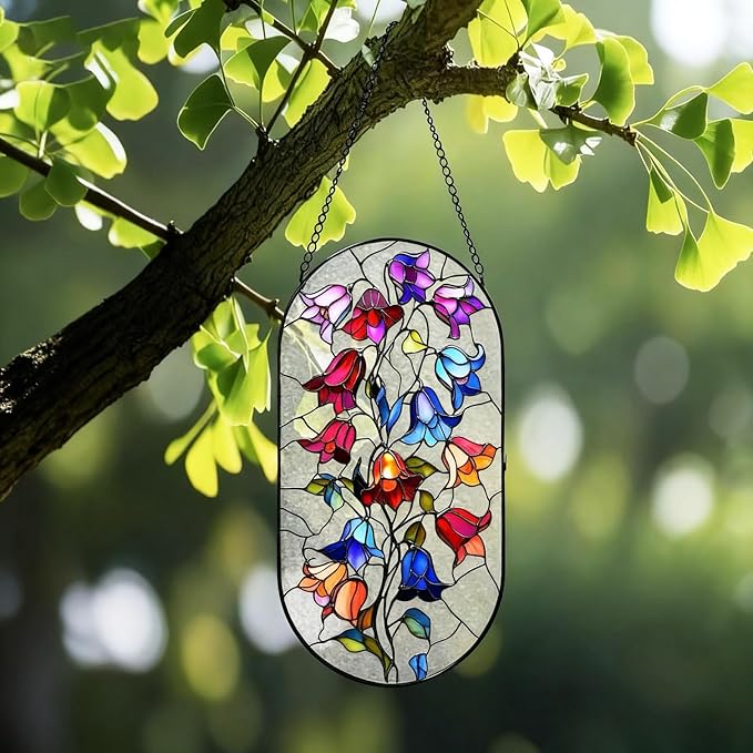 Stained Glass Window Hanging, Colorful Morning Glories Long Sun Catcher for Wall Door Vertical Decor, Garden Yard Linear Hanging Gifts for Women, Men, Mom, Day Birthday, Party Holiday