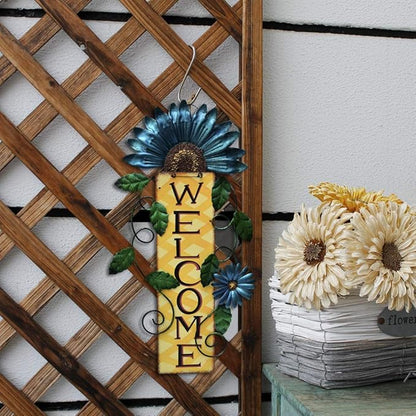 Metal Welcome Sign Hanging Flower Signs Wreath Decor - Rustic Decorative Door Hanger Indoor Outdoor Spring Decoration for Front Door Porch Wall (Blue)