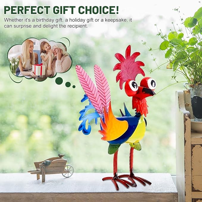 Metal Rooster Yard Statue, Wacky Outdoor Garden Statues, Metal Rooster Yard Garden Decorations Statues, Chicken Ornaments Yard Art for Backyard Patio Lawn Decorations, Gifts for Chicken Lovers (C)