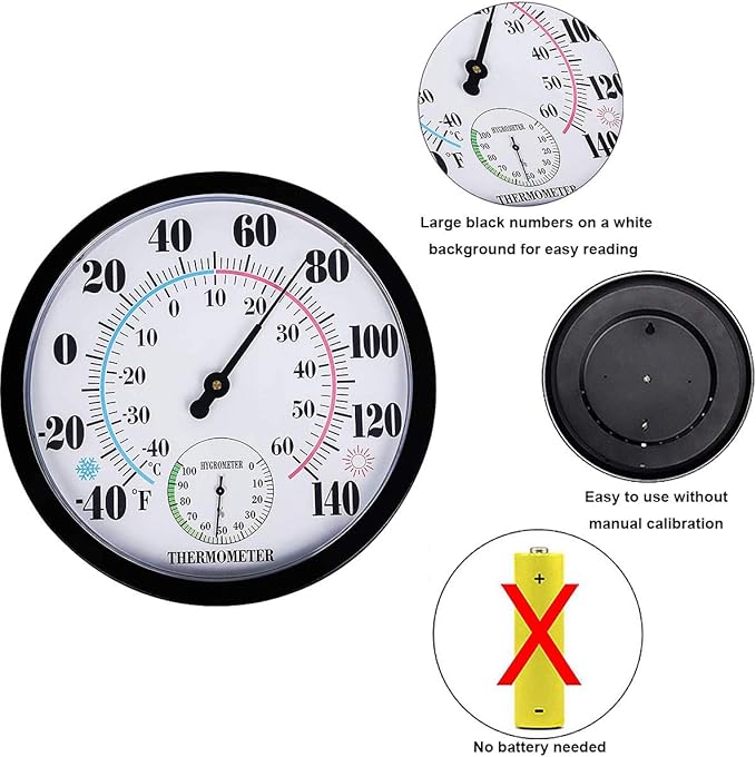 Indoor Outdoor Thermometer Hygrometer - Waterproof Hanging Wall Thermometer Decorative Outdoor Thermometer Large Numbers, No Battery Needed Outdoor Thermometers for Patio