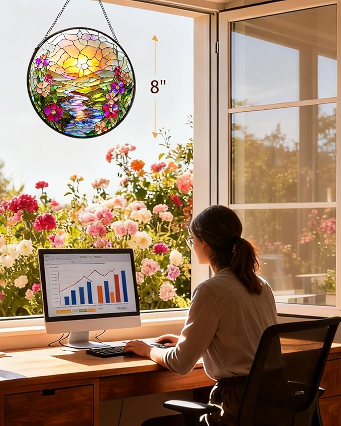 Stained Glass Window Hanging, Sunrise Lake Sun Catchers Glass Panel, Suncatcher Window Decor 8", Birthday for Women Men Mom and Friend Colleague