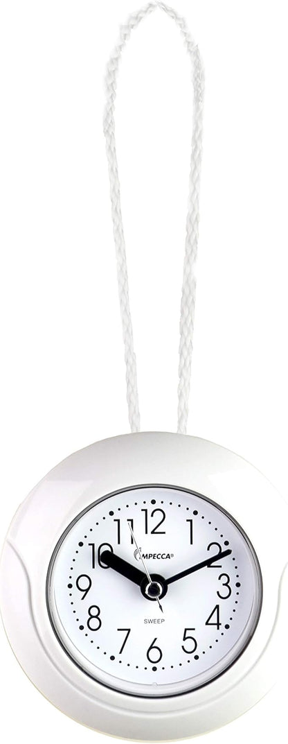 Impecca Waterproof Clock 5.5“ Non-Ticking Quartz Movement Indoor & Outdoor Clock for Shower, Wall, Desk, Pool, Patio, Kitchen, Bathroom, Washroom (Hanging Rope Included) White