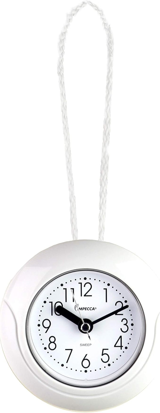 Impecca Waterproof Clock 5.5“ Non-Ticking Quartz Movement Indoor & Outdoor Clock for Shower, Wall, Desk, Pool, Patio, Kitchen, Bathroom, Washroom (Hanging Rope Included) White