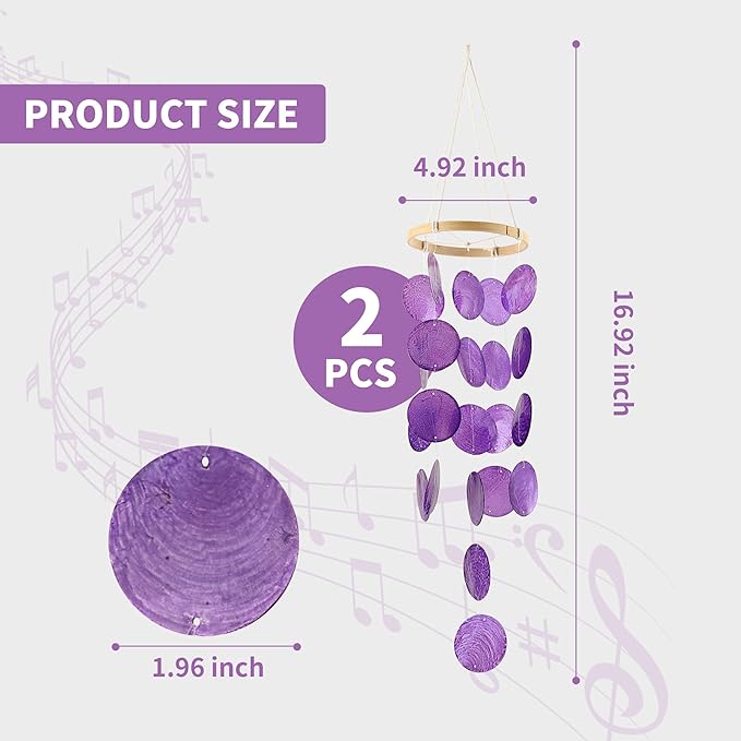 2 Pack Capiz Wind Chimes for Outside, Outdoor Seashell Hanging Beach Coast Ocean Home Decorative, Unique Natural Shell Waterfall Windchimes for Summer Patio, Great Memorial Sympathy Gift（Purple