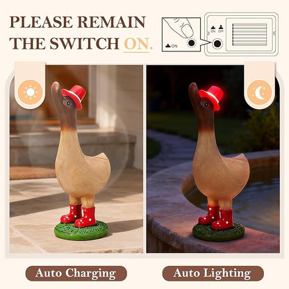 Garden Duck Statues with Solar Hat Light Outdoor Decor, Cute Runner Duck Figurines for Yard Patio Lawn, Animal Ornaments Resin Crafts, Gifts for Women Mom Housewarming
