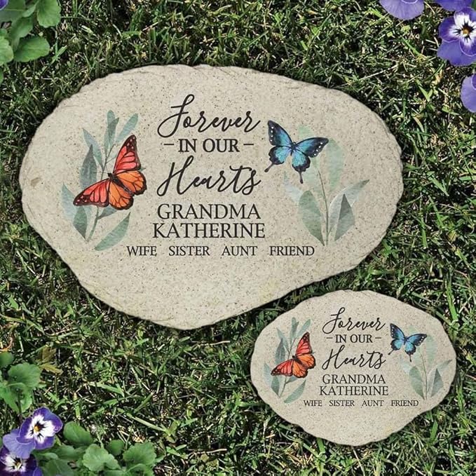 GiftsForYouNow Flowers and Butterflies Forever in Our Hearts Personalized Memorial Garden Stone, Flat UV Resin Stone, Measures 11.25" W x 7.75" H, UV Printed, Floral Memorial