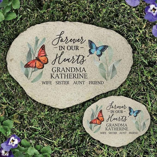 GiftsForYouNow Flowers and Butterflies Forever in Our Hearts Personalized Memorial Garden Stone, Flat UV Resin Stone, Measures 11.25" W x 7.75" H, UV Printed, Floral Memorial