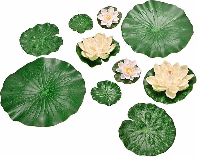 Fake Lily Pads, 10 PCS Artificial Lotus with Water Lily Pad, Realistic Water Floating Foam Lotuses Lily Pads, Artificial Floating Lotus Decor with Lily Pad for Home Outdoor Ponds