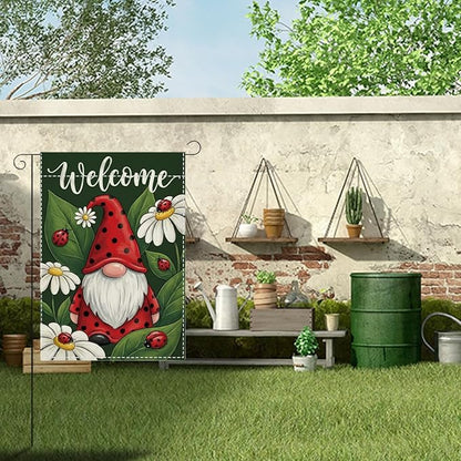 Welocome Spring Summer Seven Spotted Ladybug Gnome Garden Flag Daisy Flowers Spring Garden Flag Decor Summer Double Sided House Flag for Outside Yard Decorations 12×18 Inch