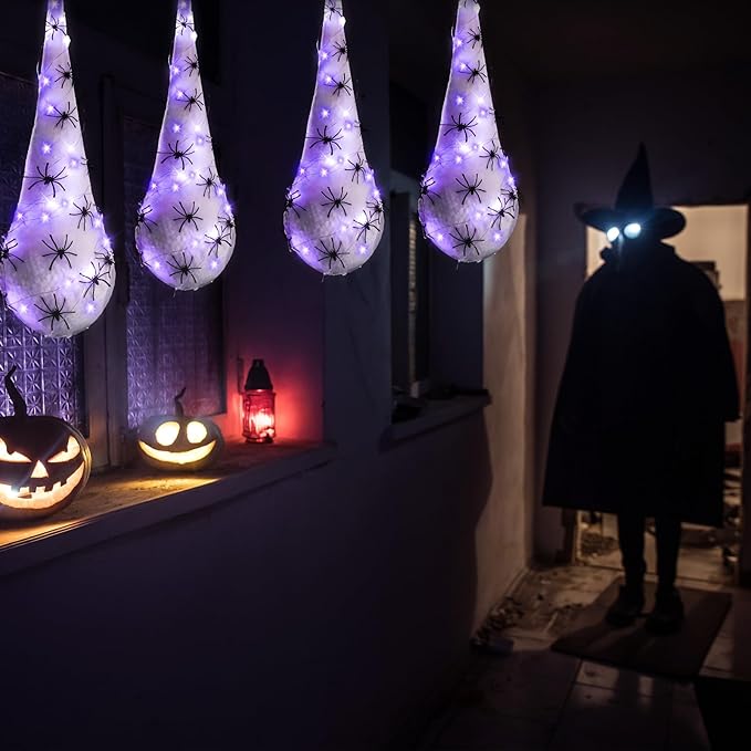 12 Pack Halloween Spider Hanging Egg Sacks Halloween Spider Sacks Decoration Large Props White Webs for Yard Haunted House Lawn Tree Outdoor Party Decor(Purple)
