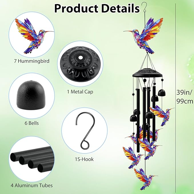 Hummingbird Wind Chimes for Outside,Metal Windchimes,Hummingbird Gifts for Women/Men,Durable Wind Chime Garden Decor Outdoor,Memorial/Housewarming/Birthday/Festival Gifts,Front Yard Decor