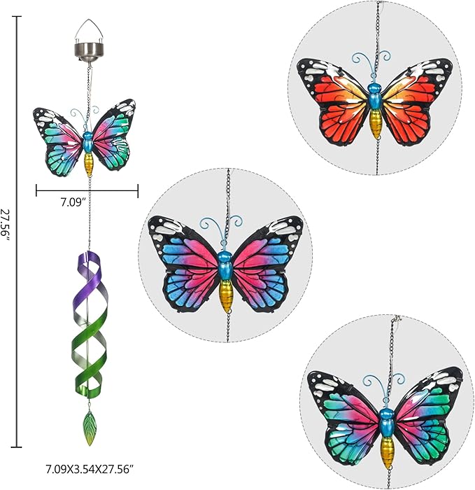 Asense 3 Pcs Hanging Butterfly Wind Spinners with Light Home Garden Decor, Patio Yard Backyard Outdoor Art Outside Decorations Metal Wind Chimes Gifts for Lawn Hanging Pinwheels Crafts Ornaments