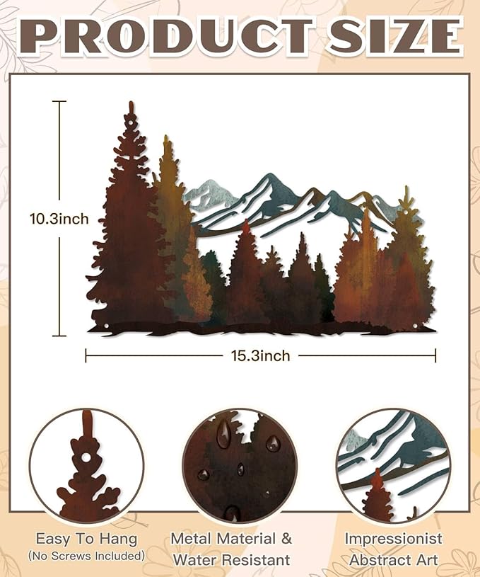 Putuo Decor Mountain Metal Wall Decor, Rustic Mountain Landscape Wall Art, Modern Farmhouse Pine Forest Scene Nature Hanging for Living Room Bedroom Office