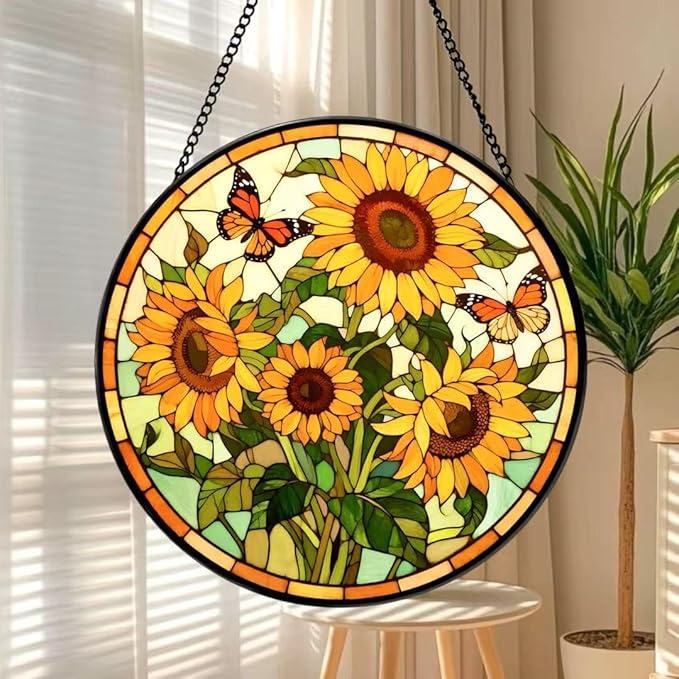 Funoasis Stained Glass Window Hanging 6.3 Inches Suncatcher - Two Butterflies are Flying On The Sunflower Ornaments Sun Catcher Home Decor Women Birthday