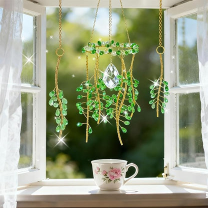 3 Pcs Crystal Suncatchers for Window Boho Decor, Green Plants Artificial Hanging Wind Chime Sun Catchers with Chain Rainbow for Indoor OutdoorDecor Plant Lover Gift (Green)