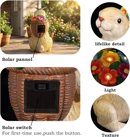 PETAFLOP Solar Bunny Garden Decor, Rabbit with Flower Basket & Butterfly for Yard, Patio, Pathway, Lawn, Patio, Balcony