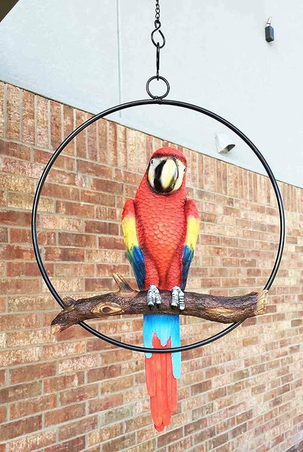 Ebros Patio Home Garden Hanging Scarlet Macaw Parrot Perching on Branch in Metal Round Ring Figurine Sculpture Nature Lovers Tropical Bird Collectors Decor 13.5" H