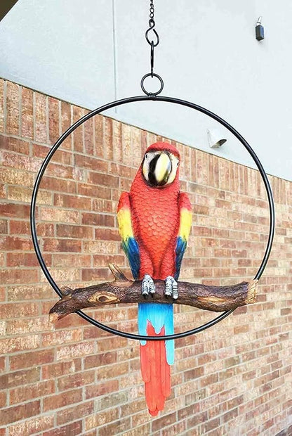Ebros Patio Home Garden Hanging Scarlet Macaw Parrot Perching on Branch in Metal Round Ring Figurine Sculpture Nature Lovers Tropical Bird Collectors Decor 13.5" H