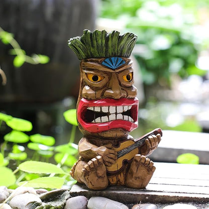Solar Tiki Statue Outdoor Decor-Garden Guitar Tiki Statues-Tiki Bar Decorations for Outdoor Patio Yard Lawn Balcony Bar Party,Waterproof Garden Sculpture 10.35 Inch Tall