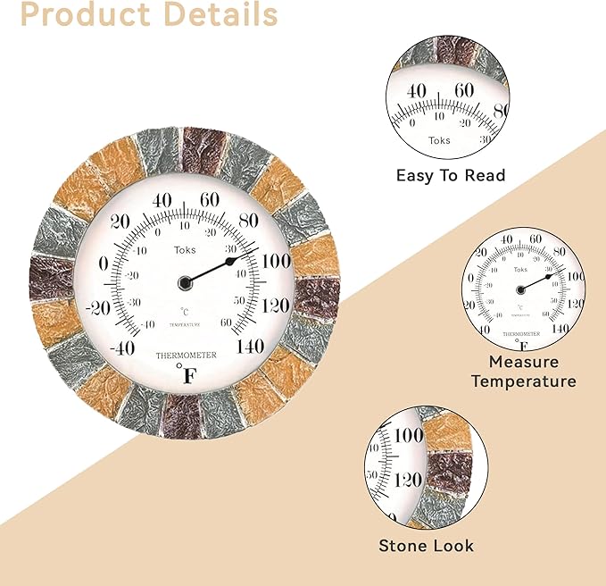 Lily's Home 10 inch Indoor or Outdoor Wall Thermometer Stone Frame Battery Operated Quartz Movement, Operated Decor for Family Room, Office, Game Room,Garden, Backyard, Pool