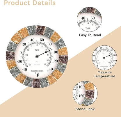 Lily's Home 10 inch Indoor or Outdoor Wall Thermometer Stone Frame Battery Operated Quartz Movement, Operated Decor for Family Room, Office, Game Room,Garden, Backyard, Pool