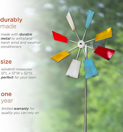 Alpine Corporation 52" Outdoor Metal Windmill Spinner Stake Yard Decoration, Multicolor