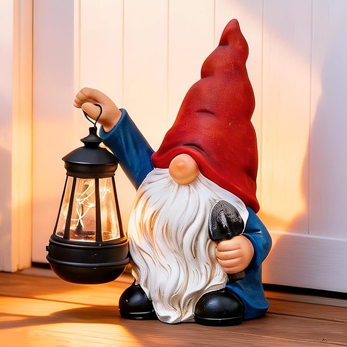 Garden Gnomes Statues Outdoor Decor with Shovel Solar Gnome with Lantern LED Lights,Terrace Xmas Courtyard Lawn Patio Porch Decoration Birthday Christmas Housewarming Gift for Mom Women
