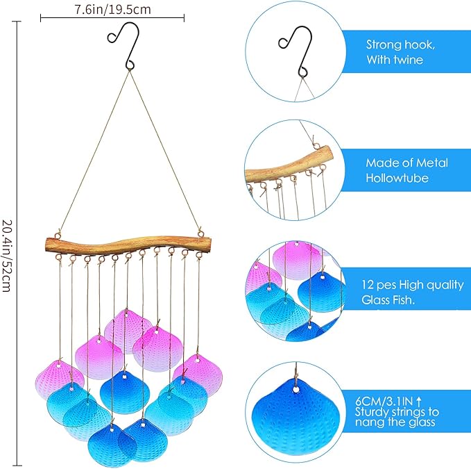 Glass Shell Wind Chimes for Outdoor Decor -Durable Windchimes for Garden, Porch, and Christmas Spaces, Unique Handmade Outdoor Wind Chimes, Yard Christmas Decorations