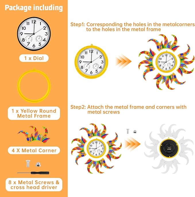 25-Inch Sun-Shaped Outdoor Clock and Thermometer Set, 10-Inch Dial, Battery Powered, Waterproof, Silent Quartz Movement (Colorful)
