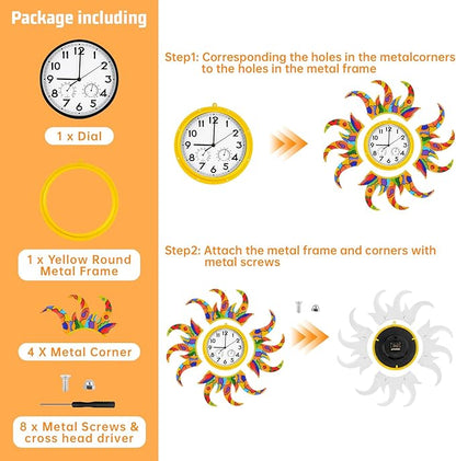 25-Inch Sun-Shaped Outdoor Clock and Thermometer Set, 10-Inch Dial, Battery Powered, Waterproof, Silent Quartz Movement (Colorful)