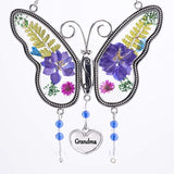 Laraine Butterfly Suncatcher with Pressed Flower Wings Mom Mother's Day Butterfly Glass Wind Chime Ornament Charm with Metal Heart Gifts for Mom Grandma Birthday (Purple Grandma (with Free Hook)
