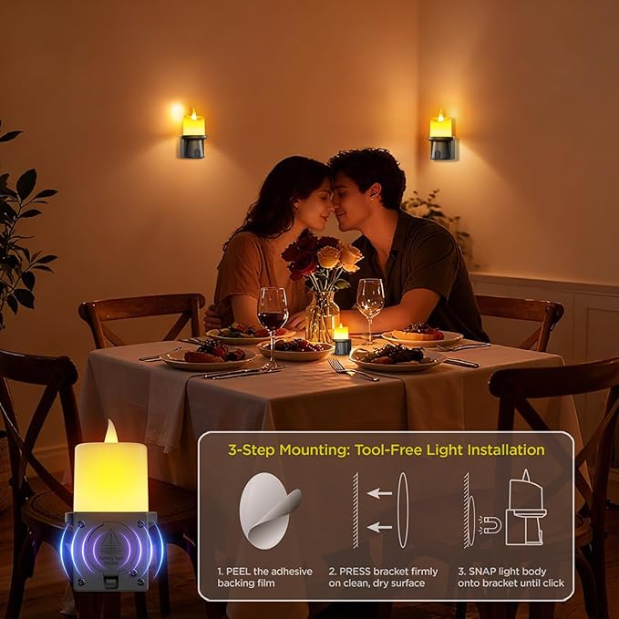Flameless Candles Night Light with Flickering Flame, Battery Operated LED Night Light, Magnetic Attachment for Easy Placement, Realistic Candlelight for Home, Bathroom, Window Decor (Black, 2 Pack)