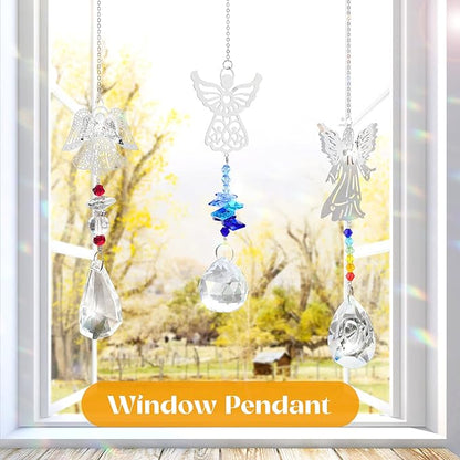 3 Pieces Crystal Sun Catchers - Angel Suncatchers for Windows Glass Heart Prism Sun Catcher with Chain Pendant Hanging Decor for Lamps Light Home Window Curtain Office Garden Car Decoration